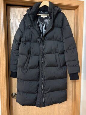 Michael Kors Women Black Quilted Hooded Long  Down Jacket Puffer Coat. XL